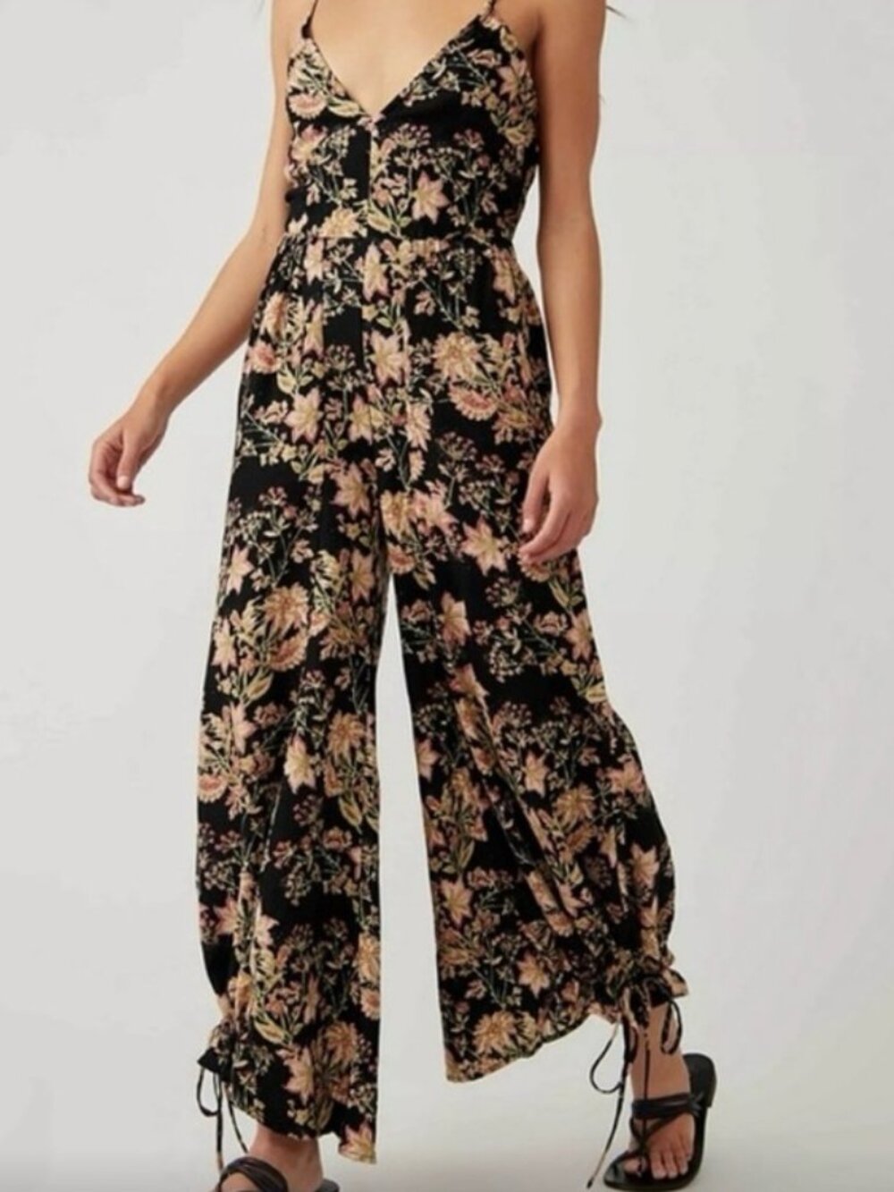 Free People Stand Out Printed Jumpsuit Black Floral Wide Leg One Piece Size M